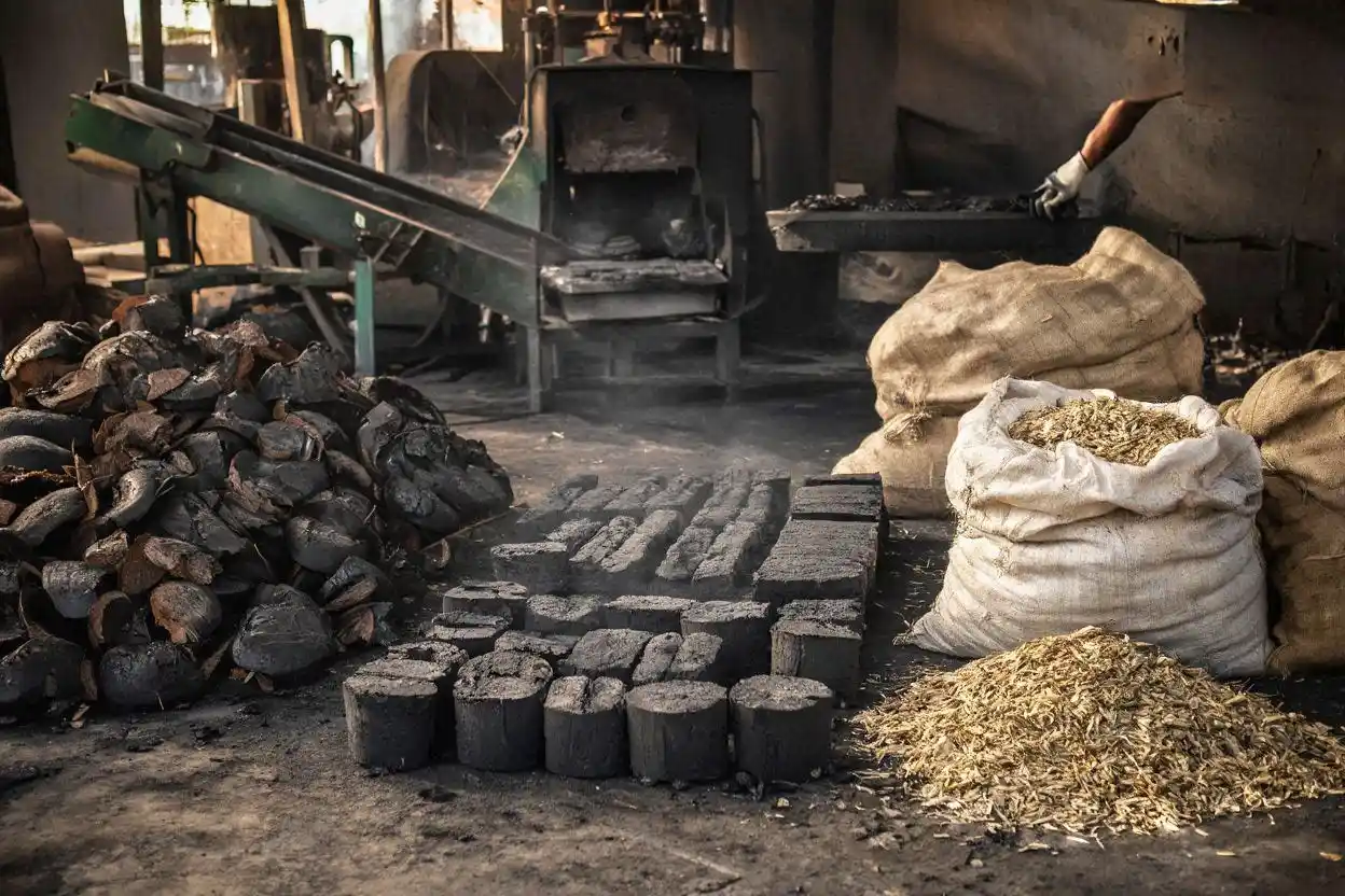 Agricultural waste processed into charcoal briquettes from coconut shells and other biomass materials