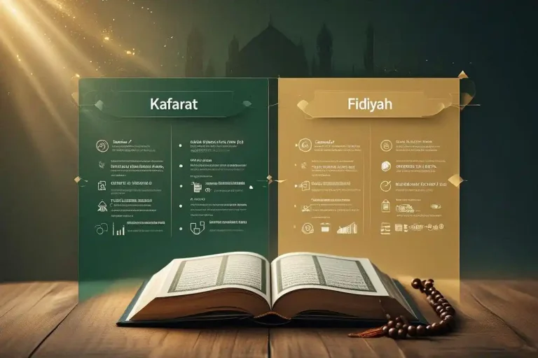 Ilustrasi perbedaan kafarat dan fidyah dalam ibadah puasa dengan Al-Quran dan infografik
