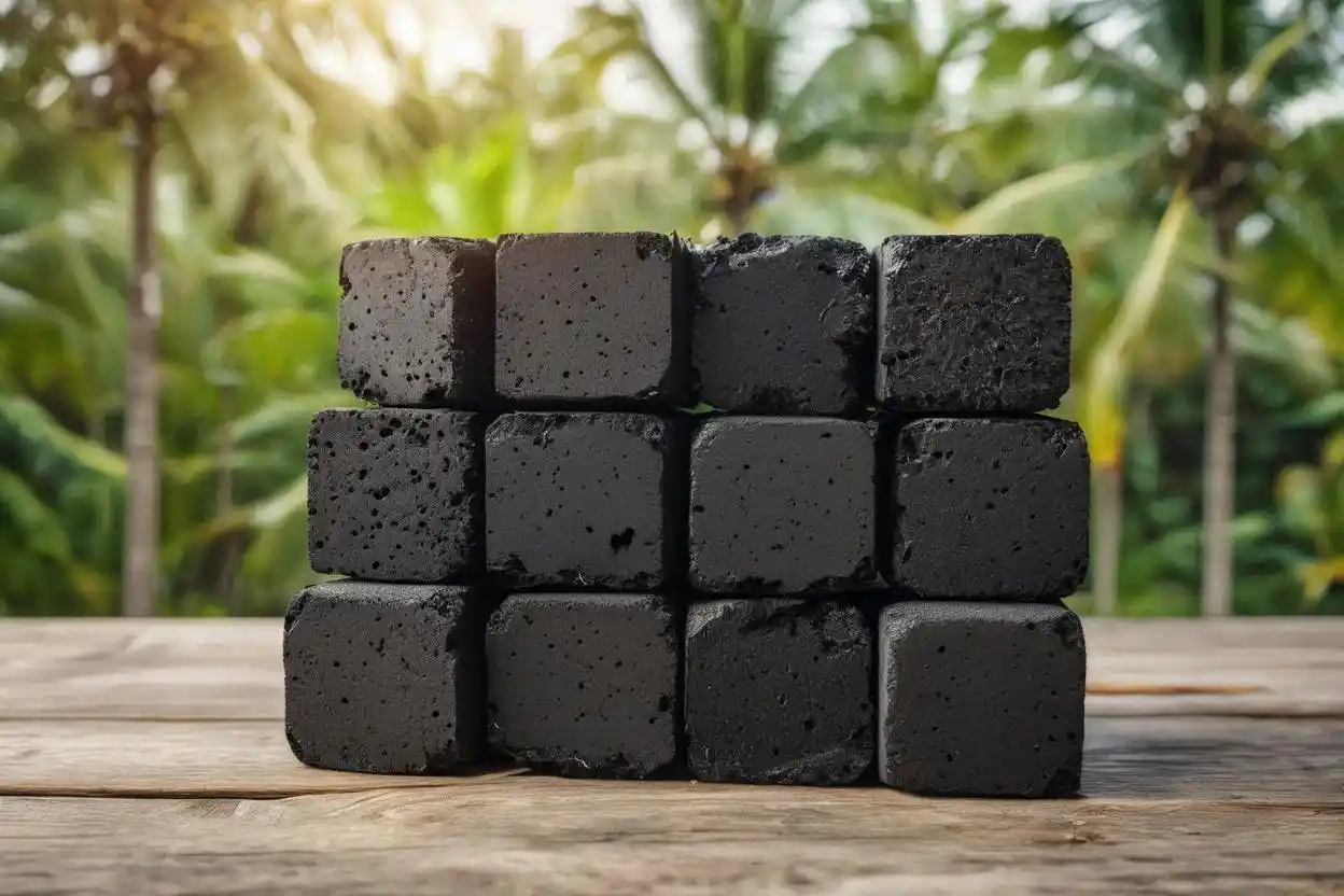 Natural sustainable coconut shell charcoal manufacturer processing eco-friendly briquettes for global export