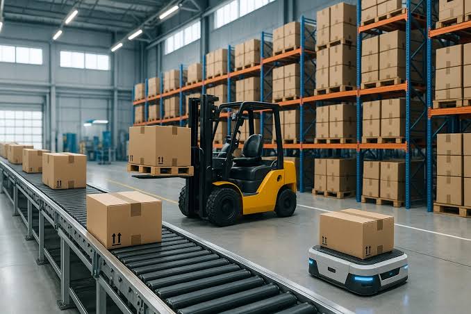 Peralatan yang dibutuhkan untuk sistem material handling di gudang dan industri.